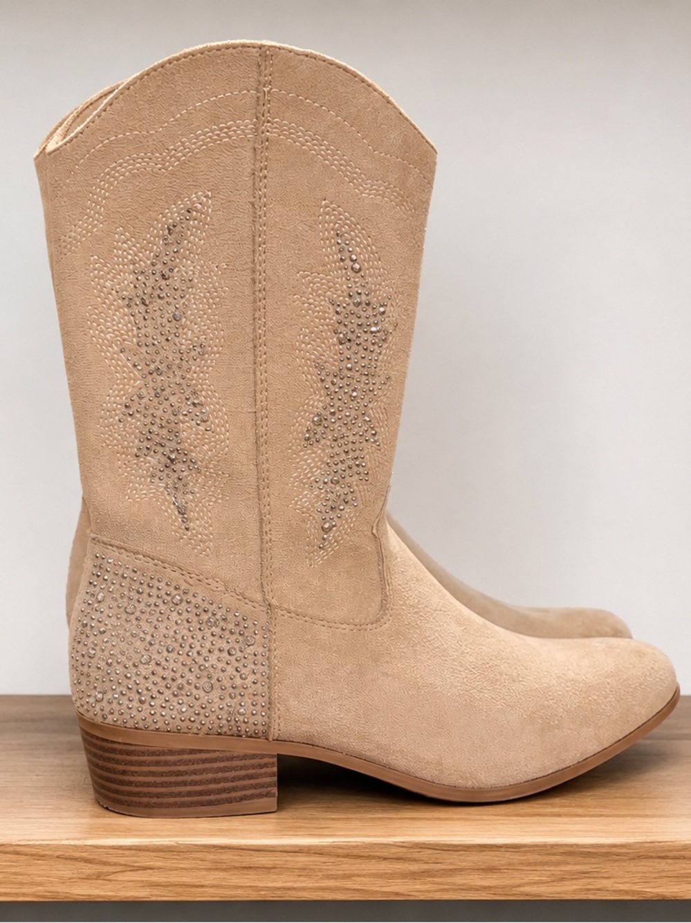 Girls Tan Western Ankle Boots with Stud Embellishments